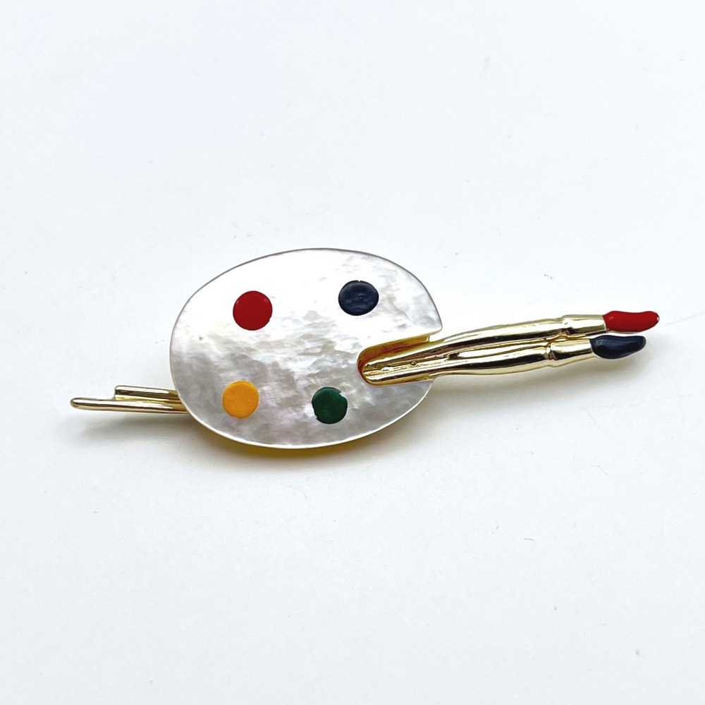 Vintage Artist Palette Brooch Mother of Pearl Enamel Paintbrushes Gold‎ Tone Pin